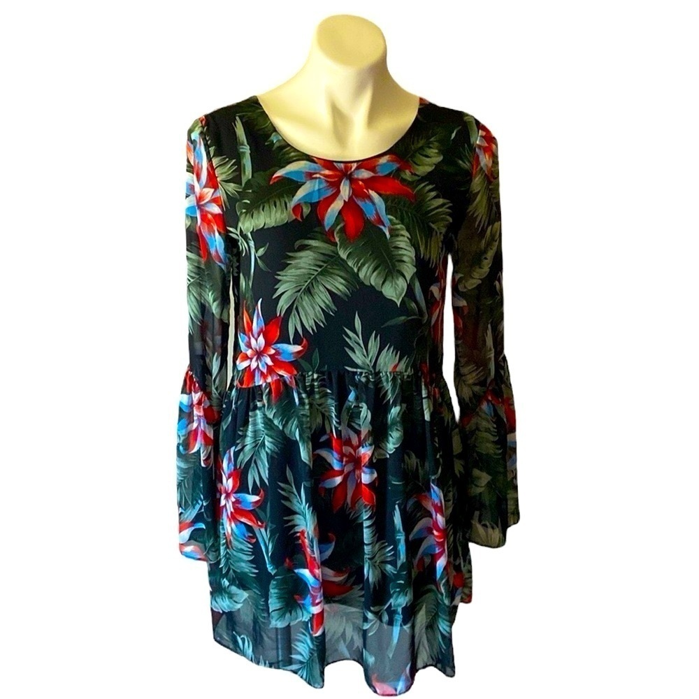 Aura Women’s Black Hawaiian Tropical Mini Dress With Bell Sleeves Size Small